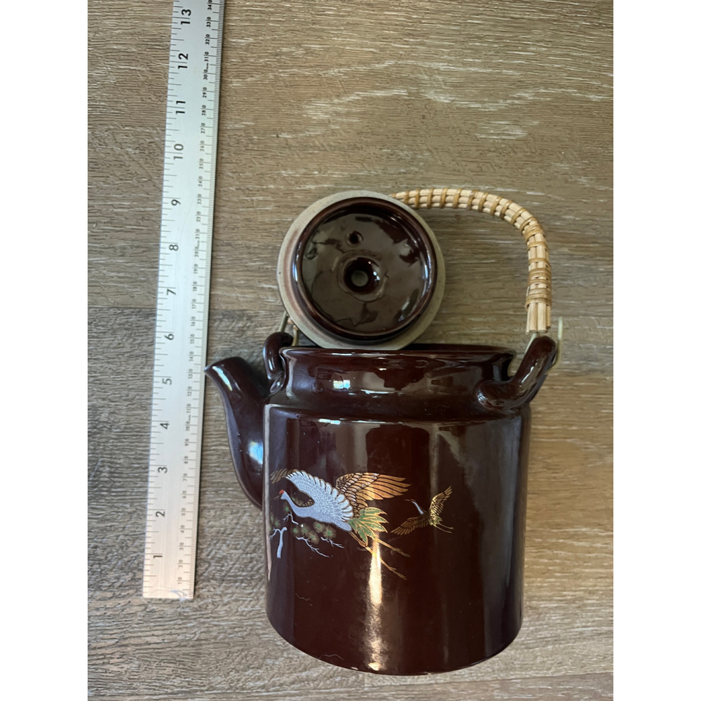 Vintage Japanese Crane Teapot - Brown Ceramic with Gold Accents & Rattan Handle - Picture 2 of 15